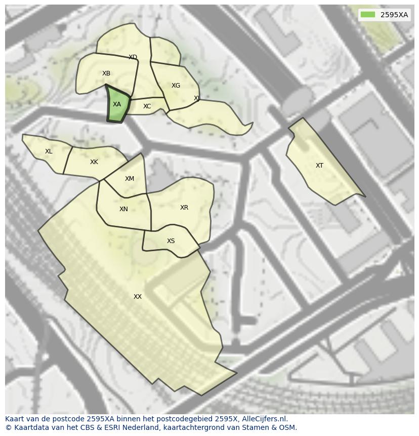 Afbeelding van het postcodegebied 2595 XA op de kaart.