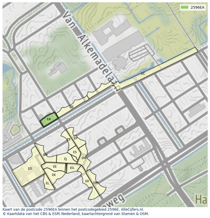 Afbeelding van het postcodegebied 2596 EA op de kaart.
