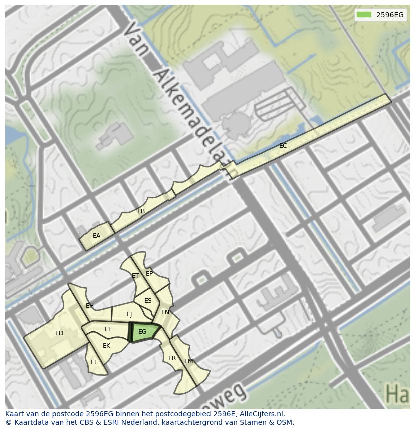 Afbeelding van het postcodegebied 2596 EG op de kaart.