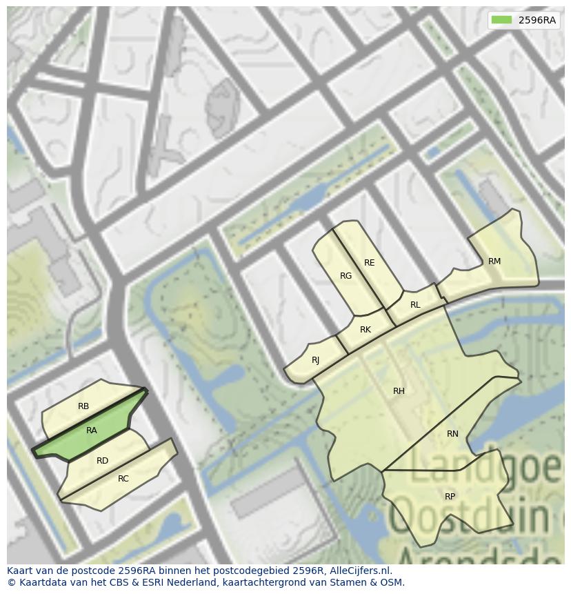 Afbeelding van het postcodegebied 2596 RA op de kaart.