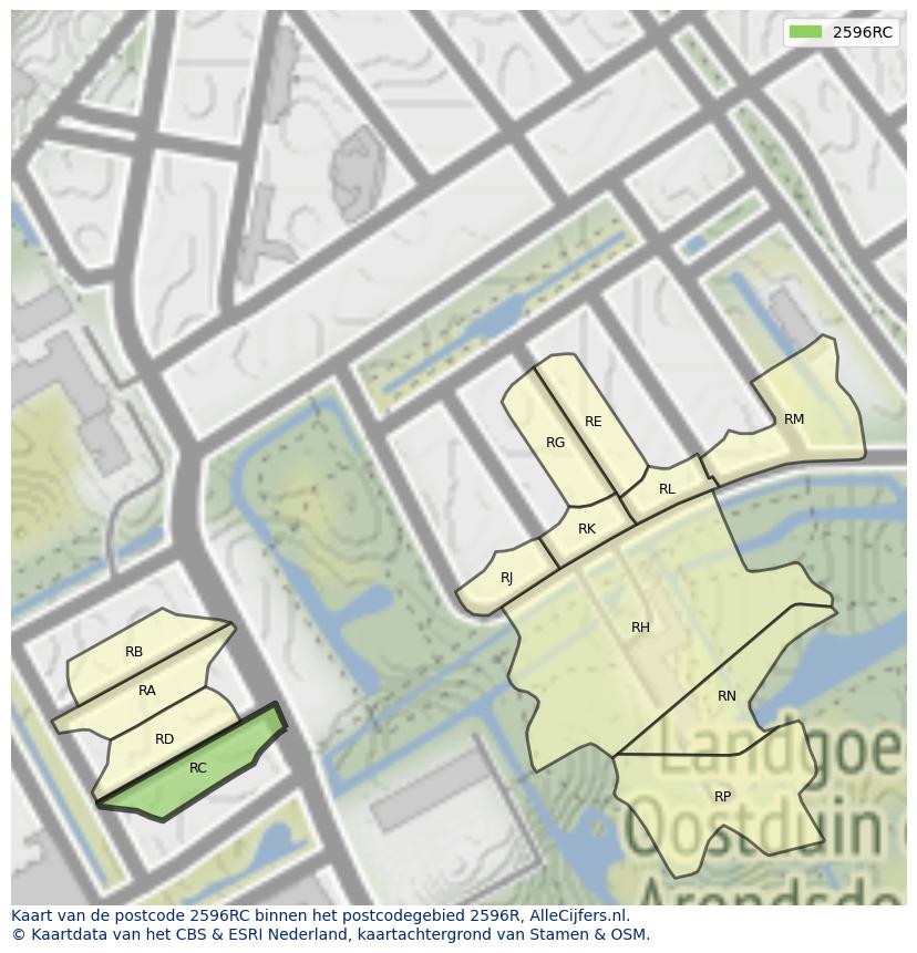 Afbeelding van het postcodegebied 2596 RC op de kaart.