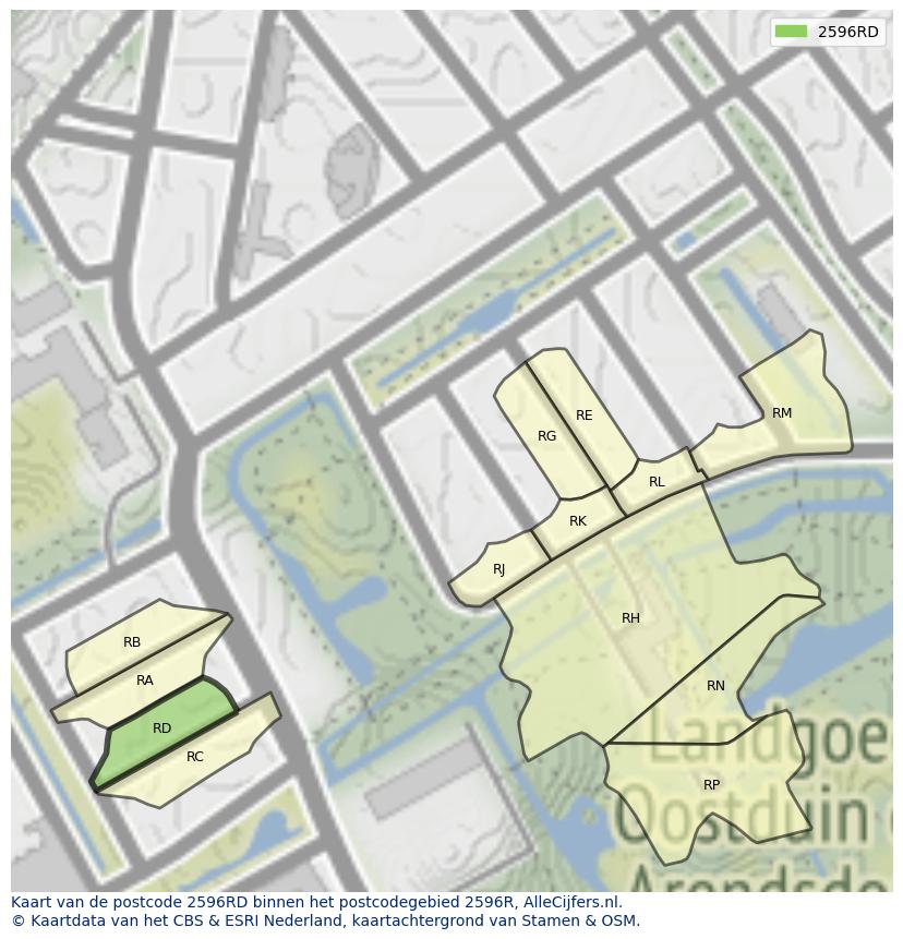 Afbeelding van het postcodegebied 2596 RD op de kaart.