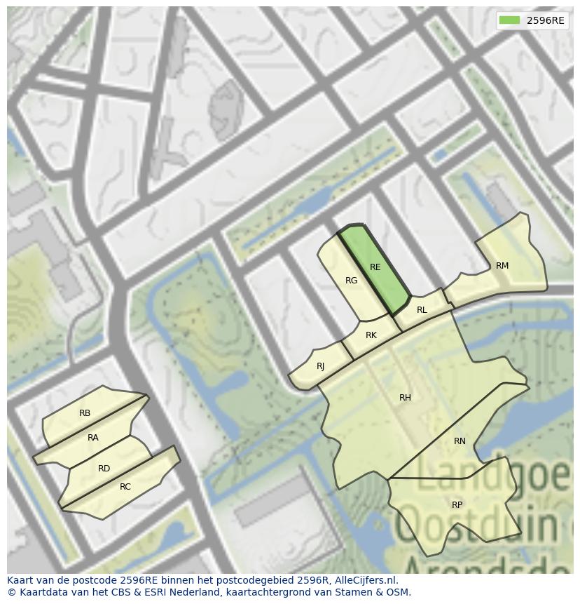 Afbeelding van het postcodegebied 2596 RE op de kaart.