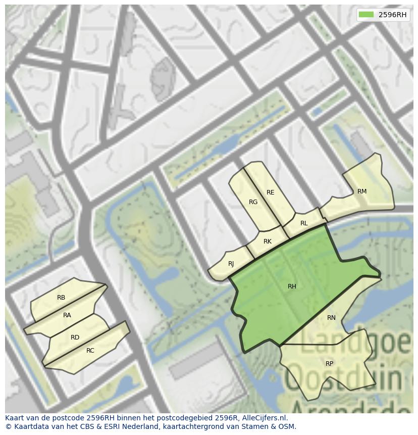 Afbeelding van het postcodegebied 2596 RH op de kaart.