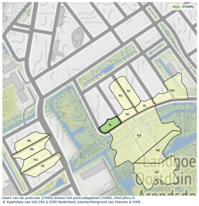 Afbeelding van het postcodegebied 2596 RJ op de kaart.