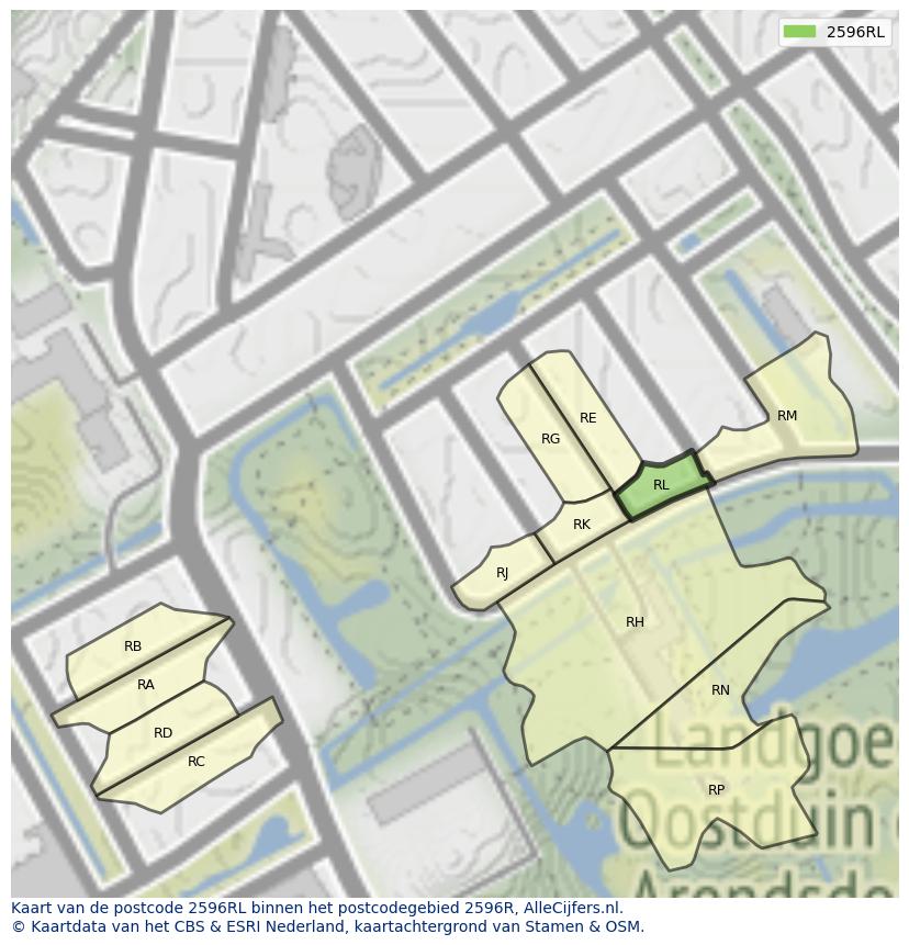 Afbeelding van het postcodegebied 2596 RL op de kaart.