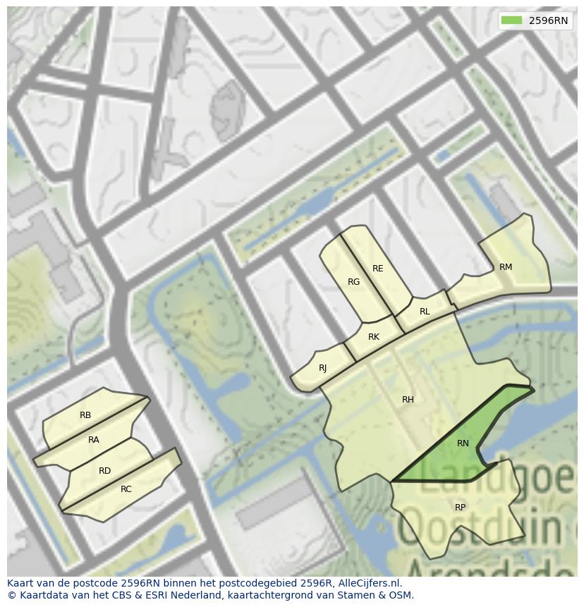 Afbeelding van het postcodegebied 2596 RN op de kaart.