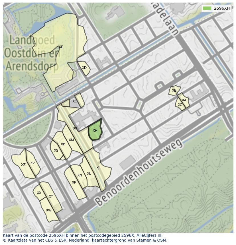Afbeelding van het postcodegebied 2596 XH op de kaart.