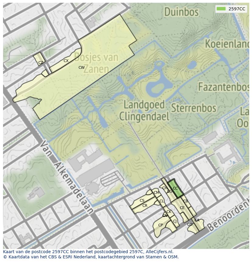 Afbeelding van het postcodegebied 2597 CC op de kaart.
