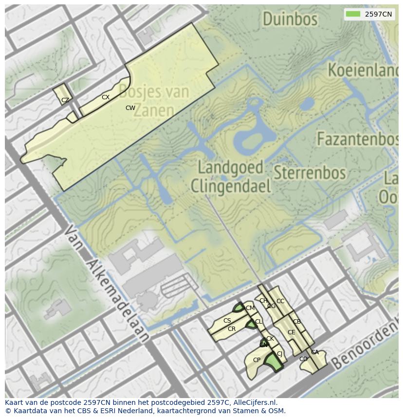 Afbeelding van het postcodegebied 2597 CN op de kaart.