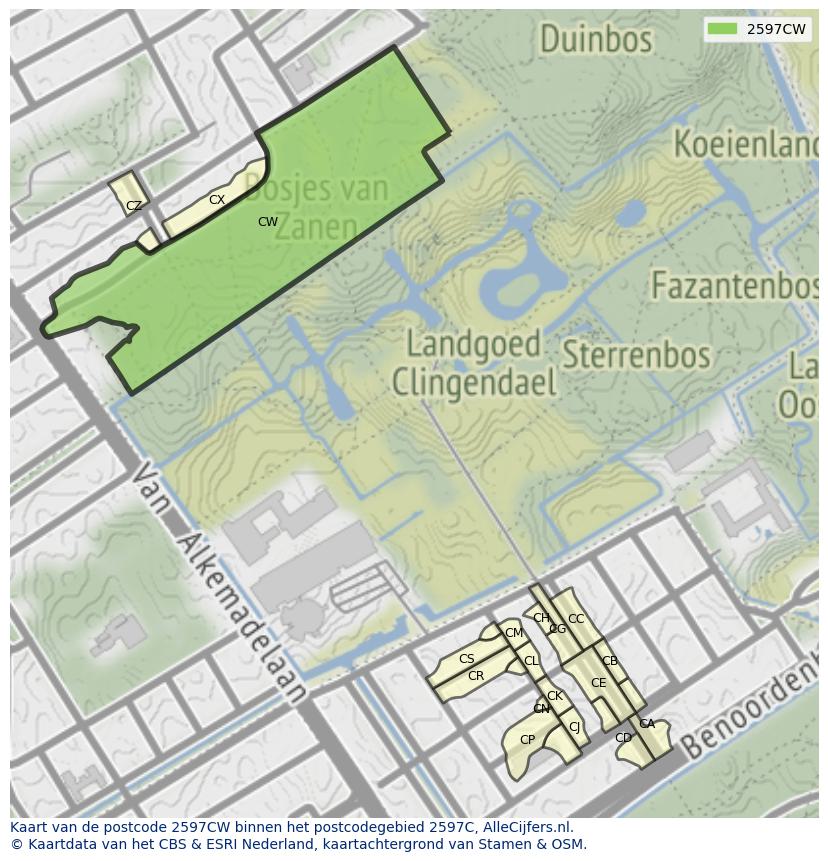 Afbeelding van het postcodegebied 2597 CW op de kaart.
