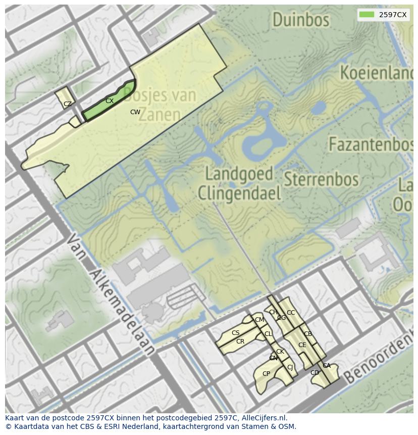 Afbeelding van het postcodegebied 2597 CX op de kaart.
