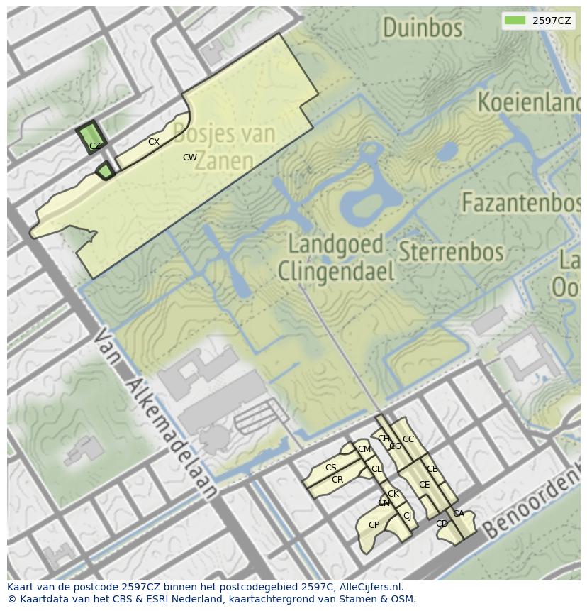 Afbeelding van het postcodegebied 2597 CZ op de kaart.