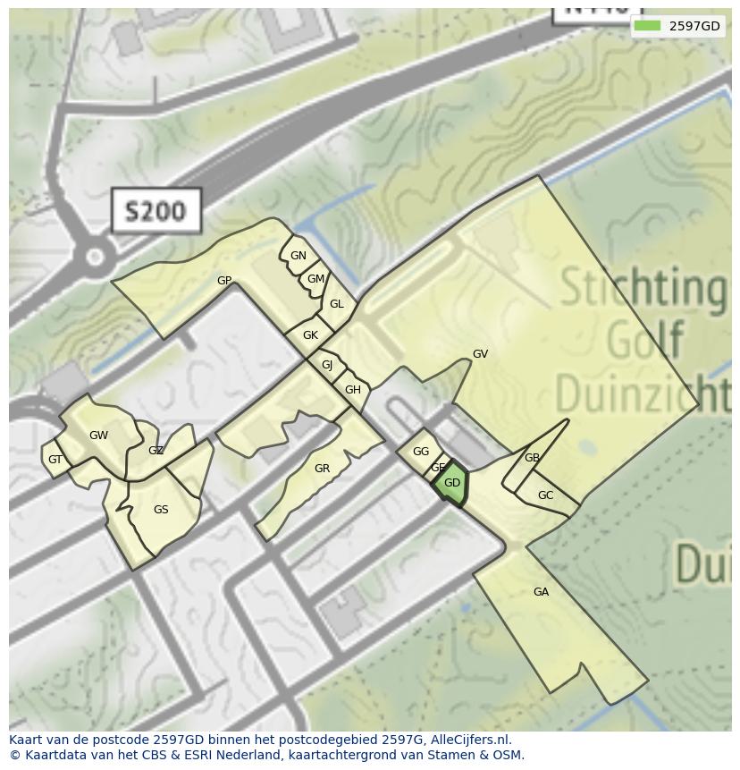 Afbeelding van het postcodegebied 2597 GD op de kaart.