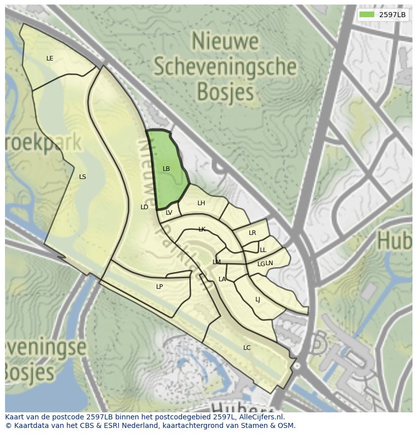 Afbeelding van het postcodegebied 2597 LB op de kaart.