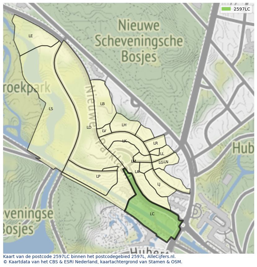 Afbeelding van het postcodegebied 2597 LC op de kaart.