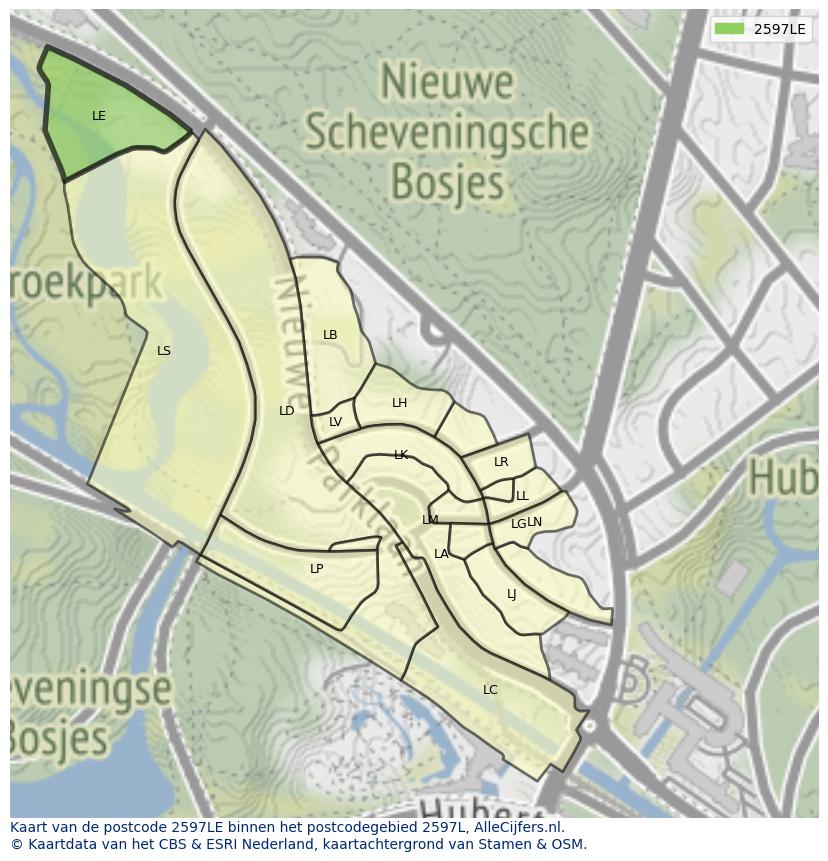 Afbeelding van het postcodegebied 2597 LE op de kaart.