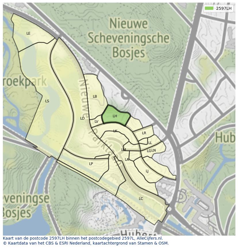 Afbeelding van het postcodegebied 2597 LH op de kaart.