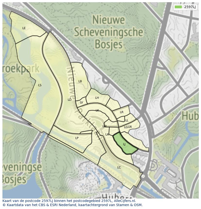 Afbeelding van het postcodegebied 2597 LJ op de kaart.