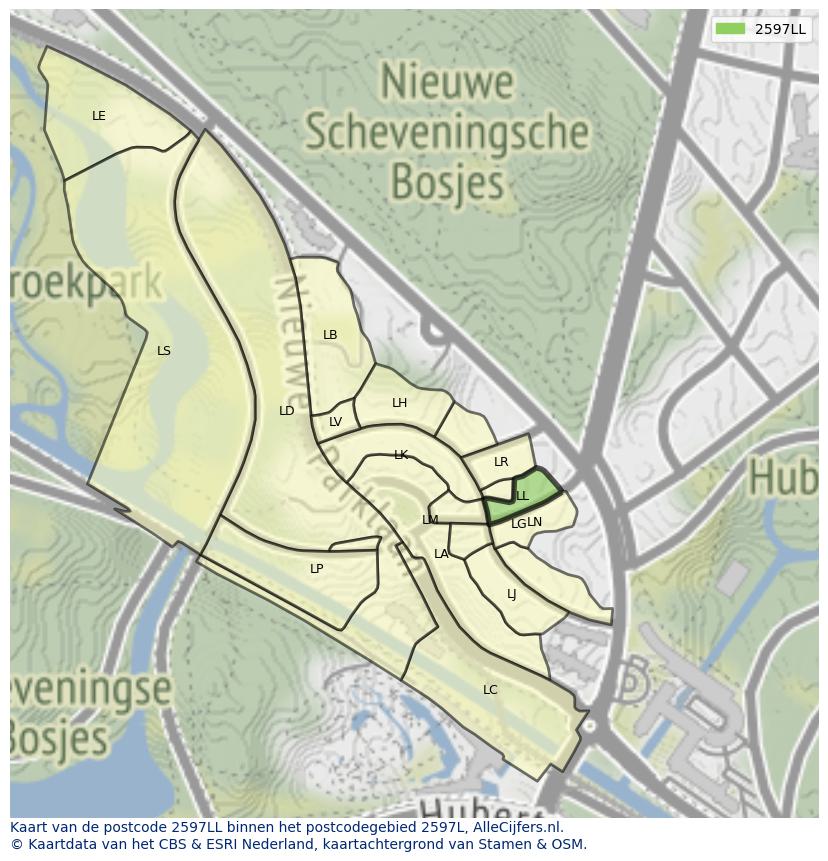 Afbeelding van het postcodegebied 2597 LL op de kaart.