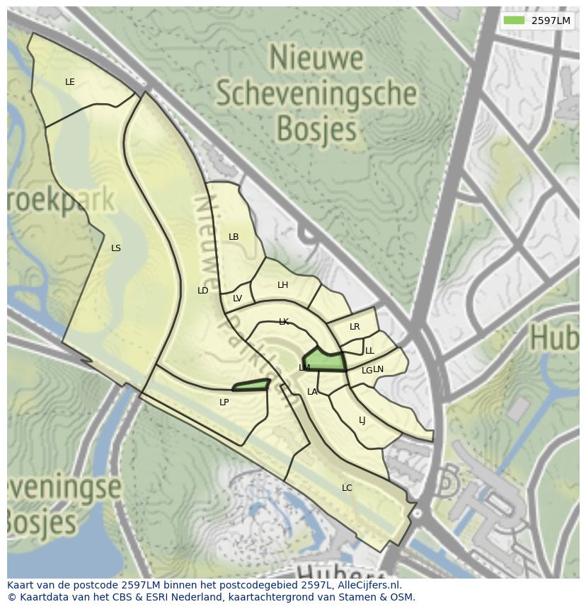 Afbeelding van het postcodegebied 2597 LM op de kaart.