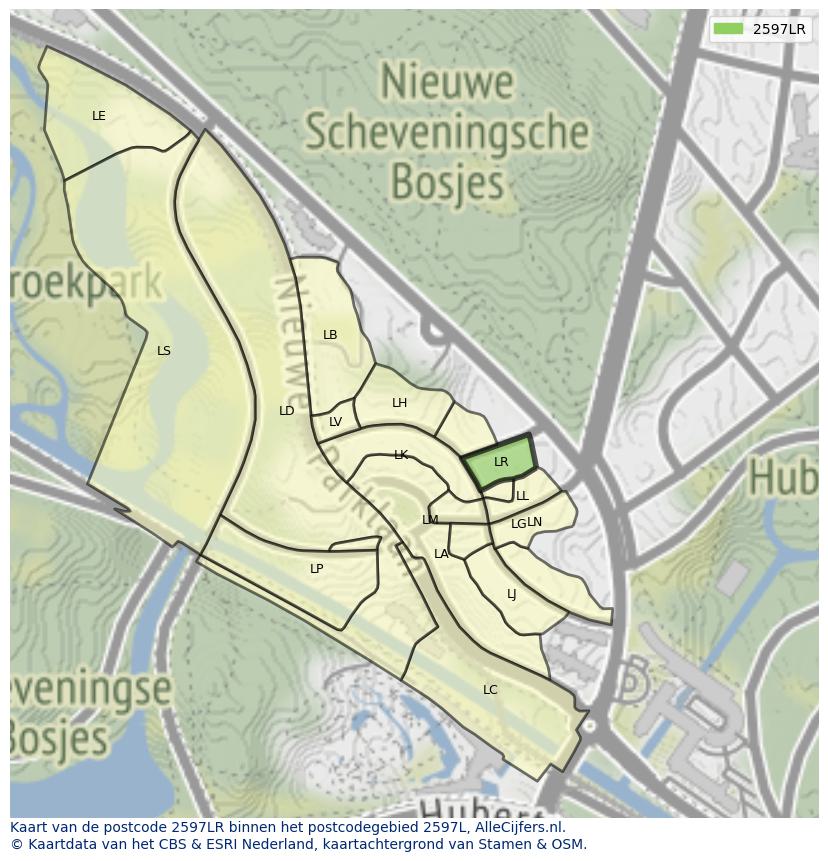 Afbeelding van het postcodegebied 2597 LR op de kaart.