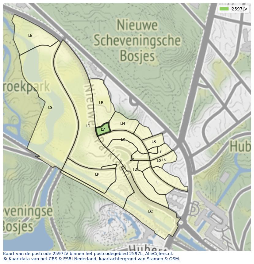 Afbeelding van het postcodegebied 2597 LV op de kaart.
