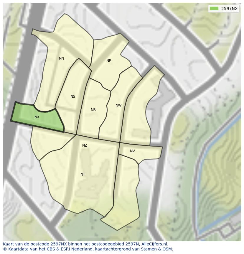 Afbeelding van het postcodegebied 2597 NX op de kaart.