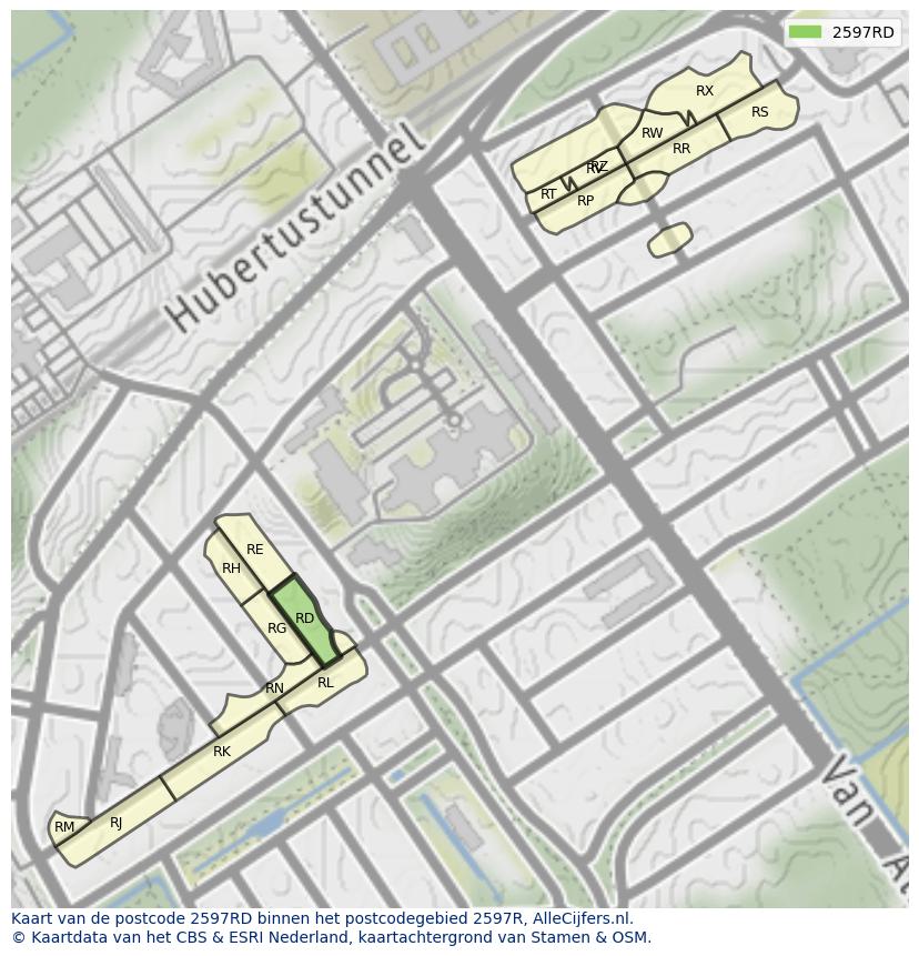 Afbeelding van het postcodegebied 2597 RD op de kaart.
