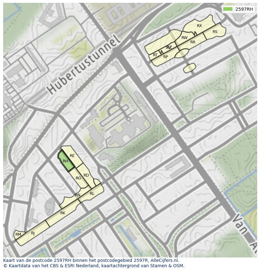 Afbeelding van het postcodegebied 2597 RH op de kaart.