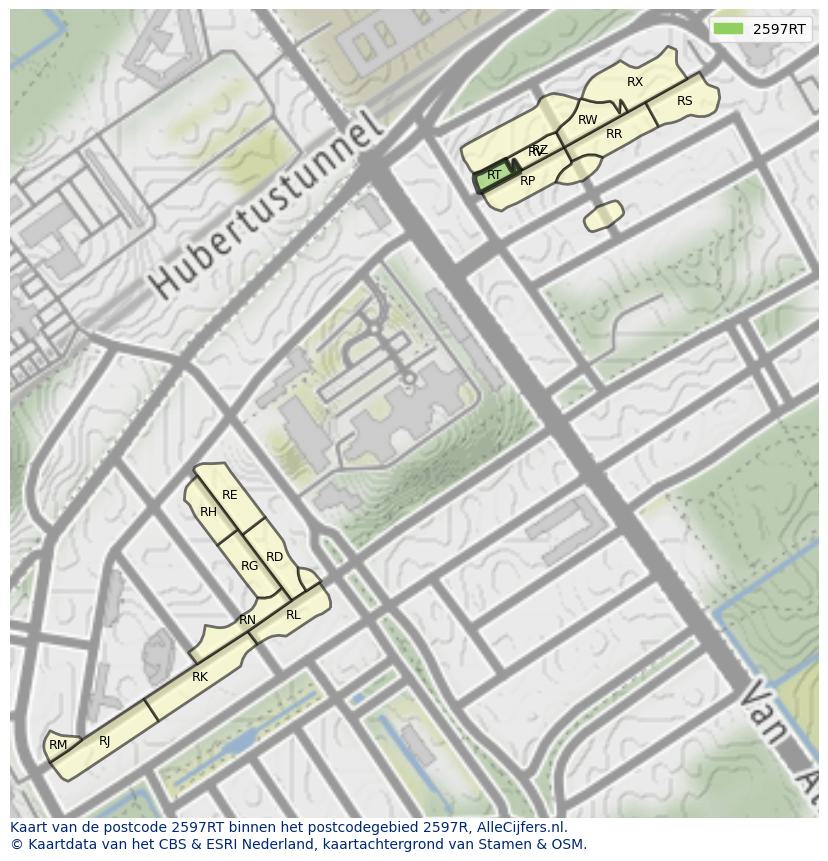 Afbeelding van het postcodegebied 2597 RT op de kaart.