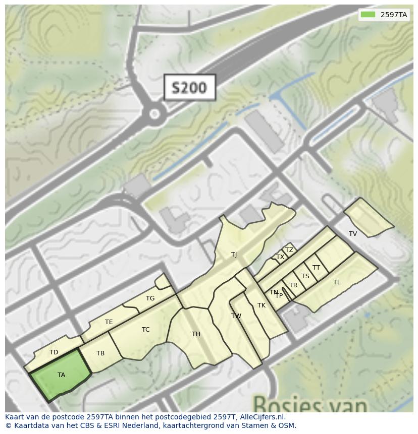 Afbeelding van het postcodegebied 2597 TA op de kaart.