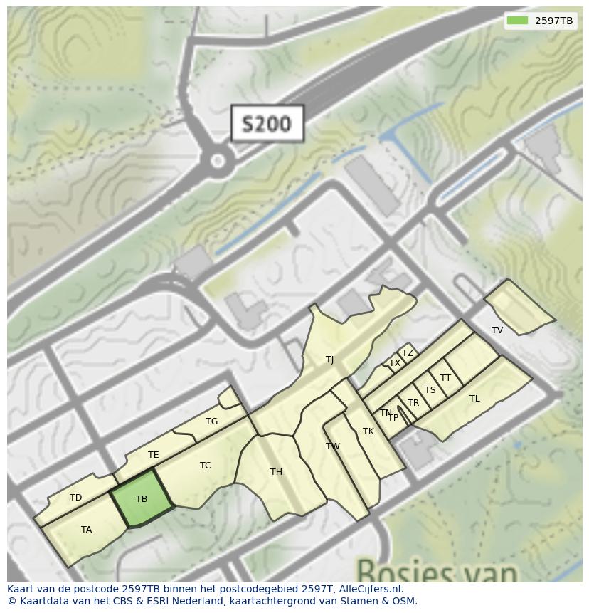 Afbeelding van het postcodegebied 2597 TB op de kaart.