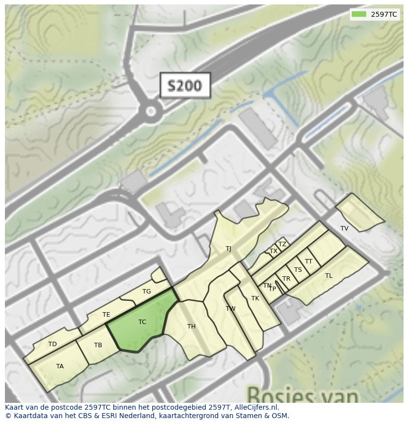Afbeelding van het postcodegebied 2597 TC op de kaart.