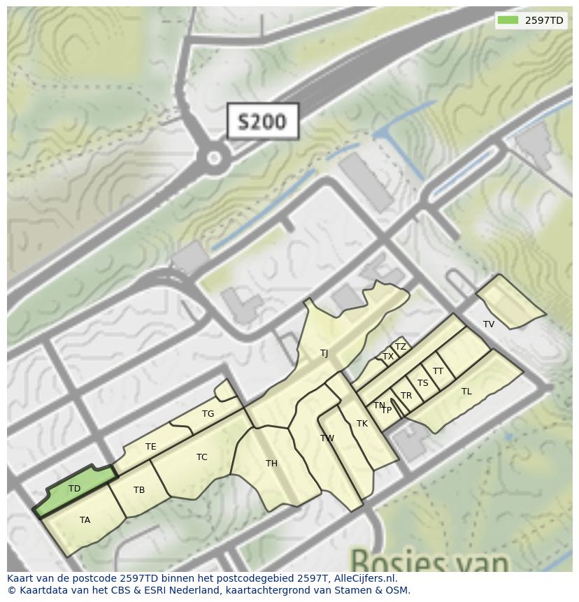 Afbeelding van het postcodegebied 2597 TD op de kaart.