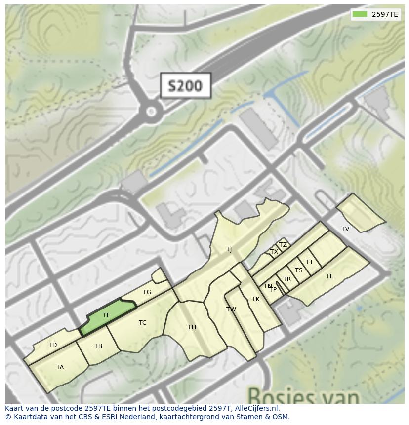 Afbeelding van het postcodegebied 2597 TE op de kaart.