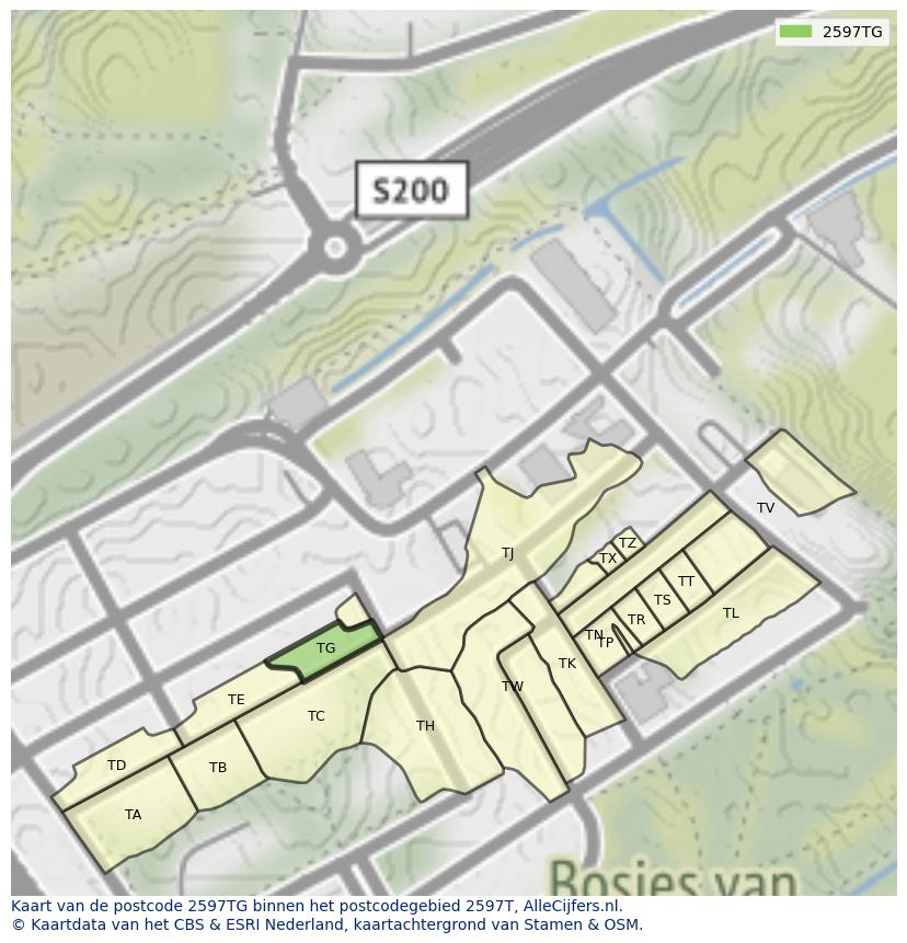Afbeelding van het postcodegebied 2597 TG op de kaart.