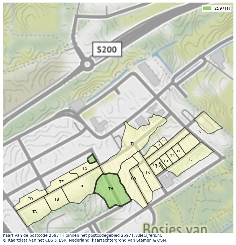 Afbeelding van het postcodegebied 2597 TH op de kaart.