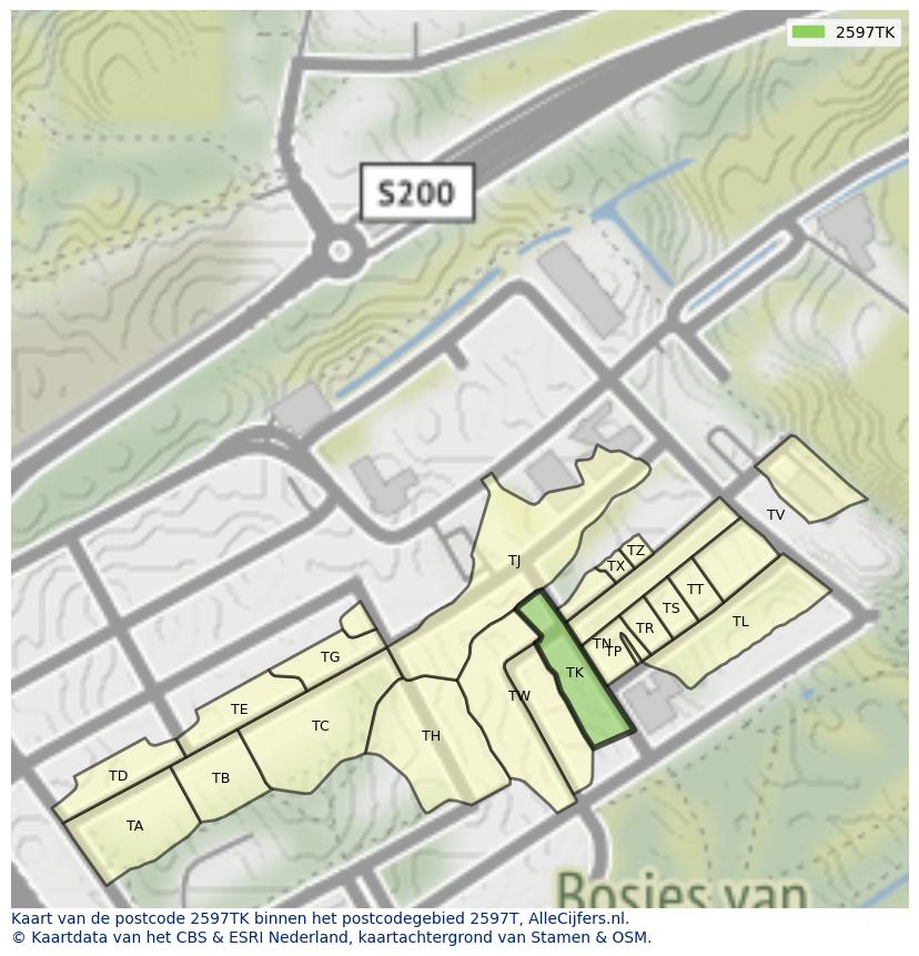 Afbeelding van het postcodegebied 2597 TK op de kaart.