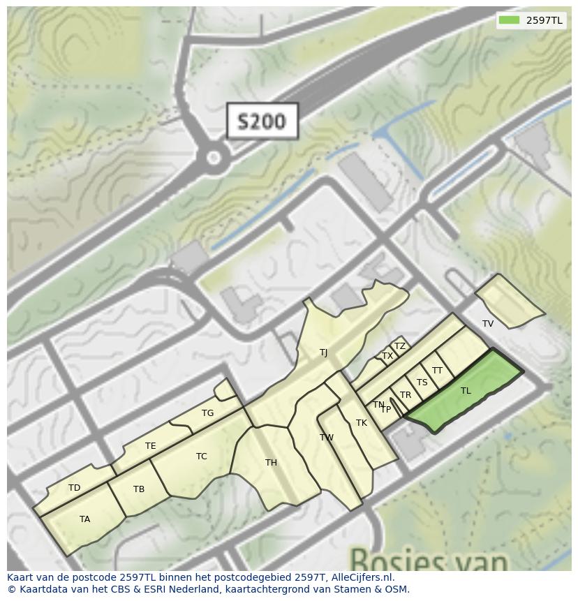 Afbeelding van het postcodegebied 2597 TL op de kaart.