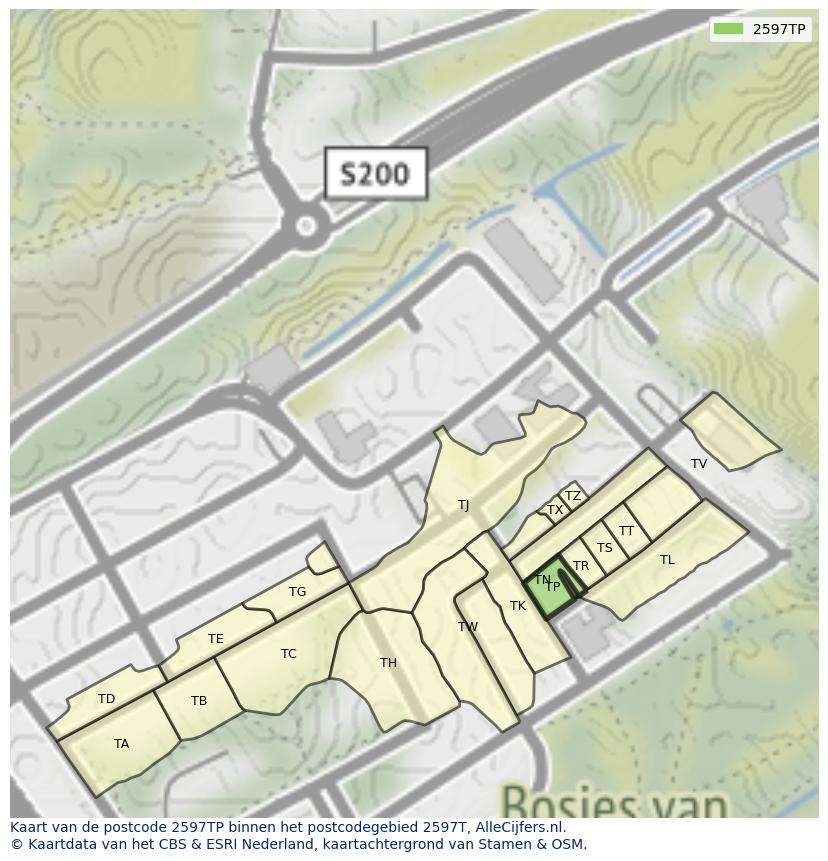 Afbeelding van het postcodegebied 2597 TP op de kaart.