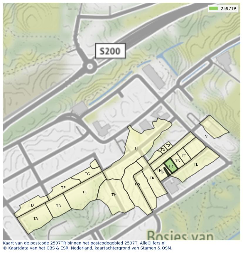 Afbeelding van het postcodegebied 2597 TR op de kaart.