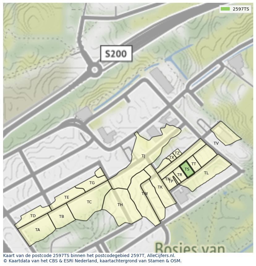 Afbeelding van het postcodegebied 2597 TS op de kaart.