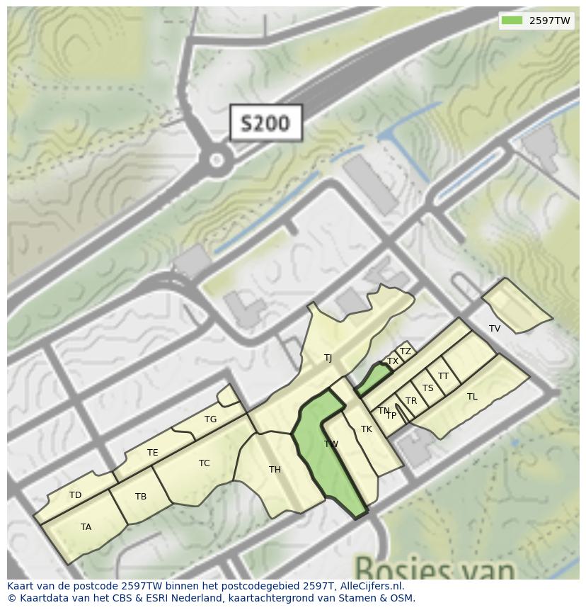 Afbeelding van het postcodegebied 2597 TW op de kaart.
