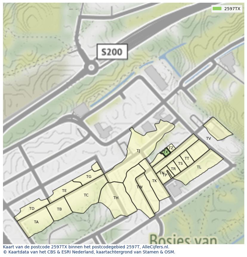 Afbeelding van het postcodegebied 2597 TX op de kaart.