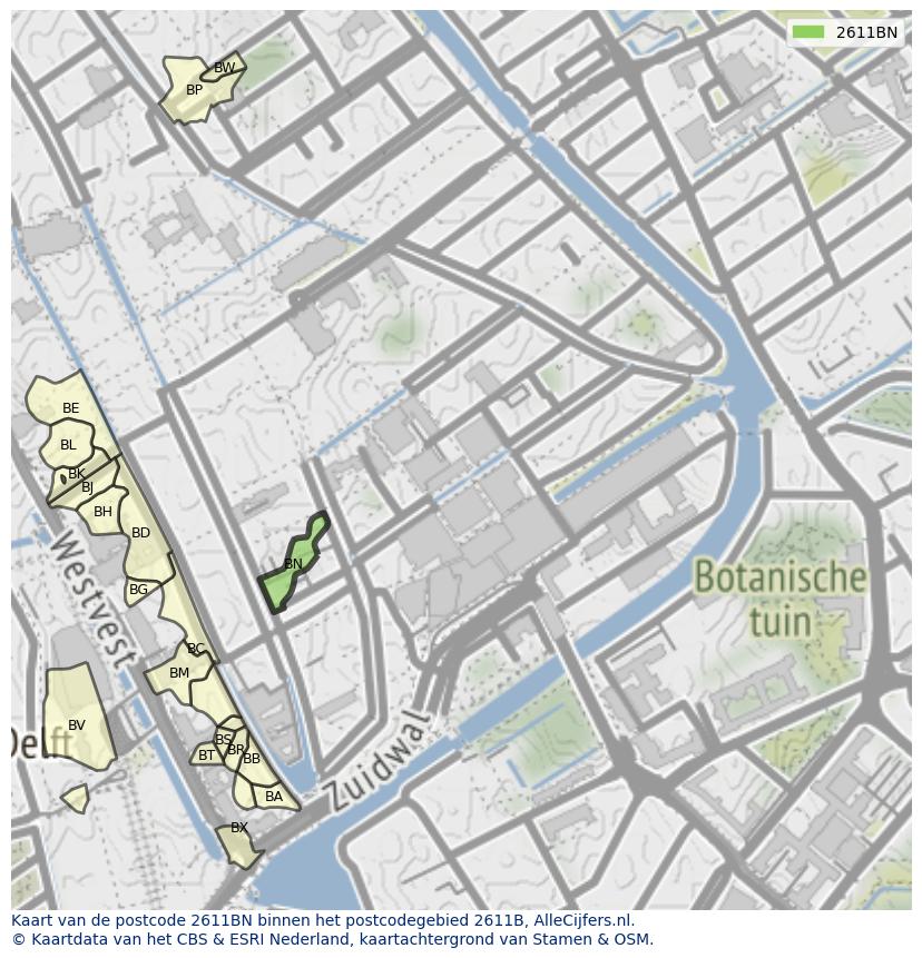 Afbeelding van het postcodegebied 2611 BN op de kaart.