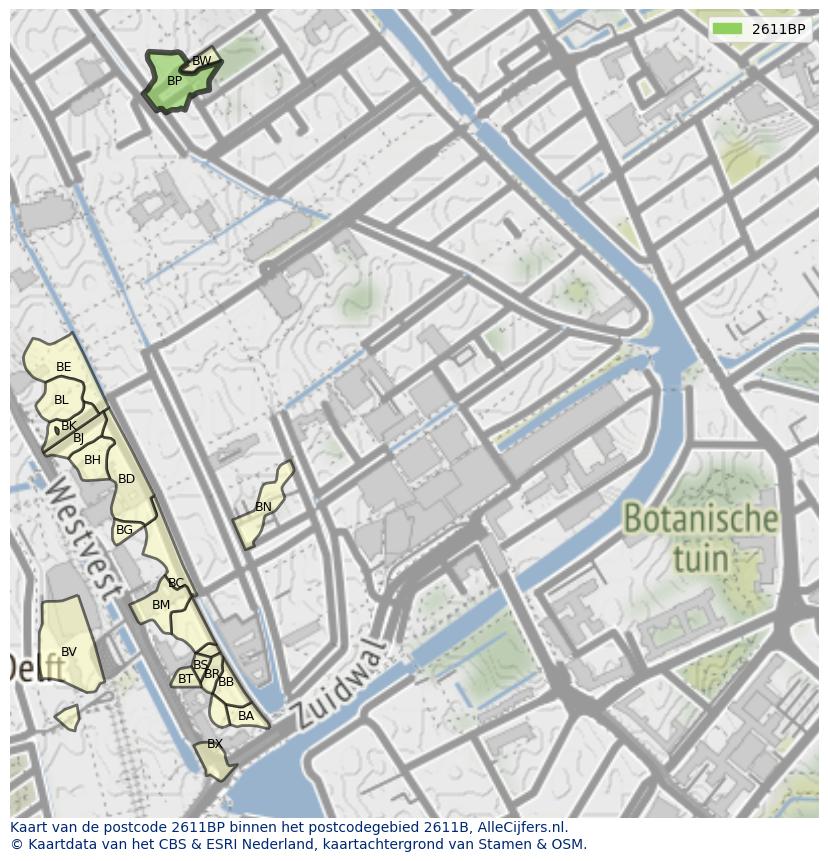 Afbeelding van het postcodegebied 2611 BP op de kaart.