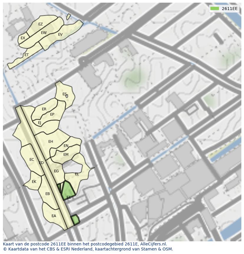 Afbeelding van het postcodegebied 2611 EE op de kaart.