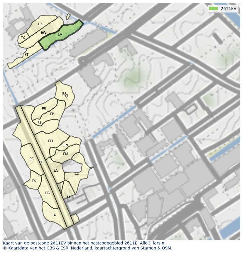 Afbeelding van het postcodegebied 2611 EV op de kaart.