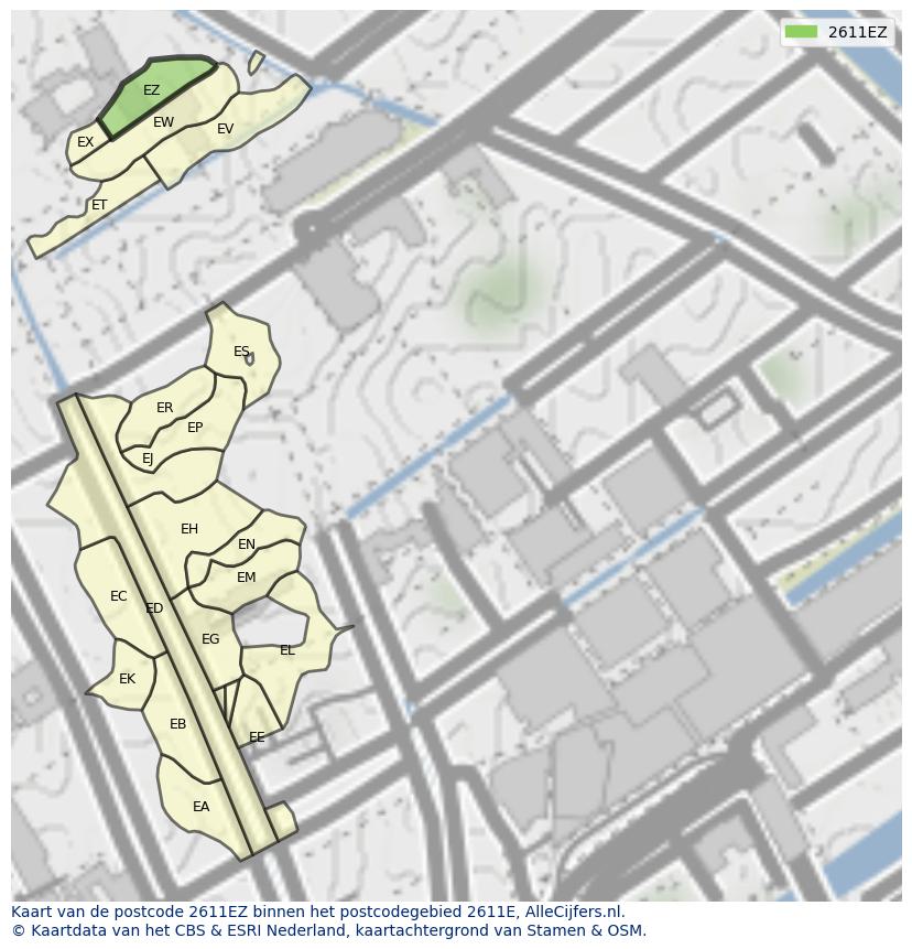 Afbeelding van het postcodegebied 2611 EZ op de kaart.